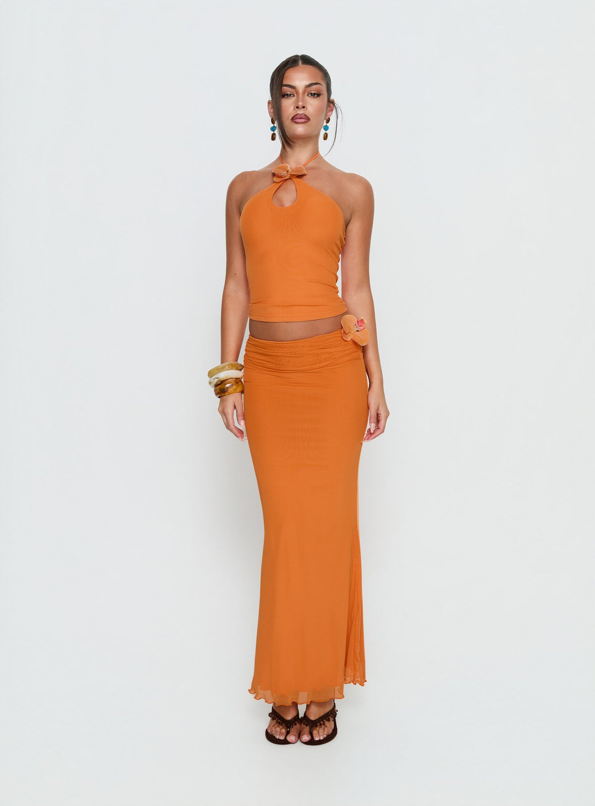 back view of model wearing Princess Polly Star Fruit Ruched Waist Maxi Skirt Orange Maxi Skirts Skirts 
