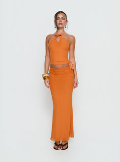 back view of model wearing Princess Polly Star Fruit Ruched Waist Maxi Skirt Orange Maxi Skirts Skirts 