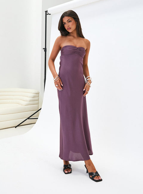 front view of model wearing Princess Polly Maryska Strapless Maxi Dress Purple Sweetheart Neckline 