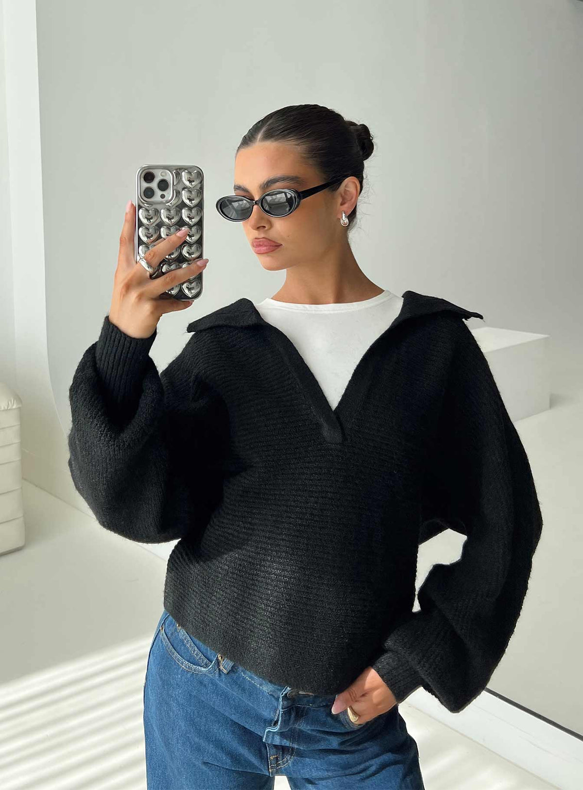 front view of model wearing Princess Polly Bella Notched Neck Sweater Black Cropped Jumpers Jumpers 