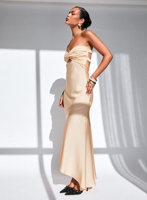 side view of model wearing Princess Polly Stand A Chance Twist Detail Maxi Dress Champagne Sweetheart Neckline 