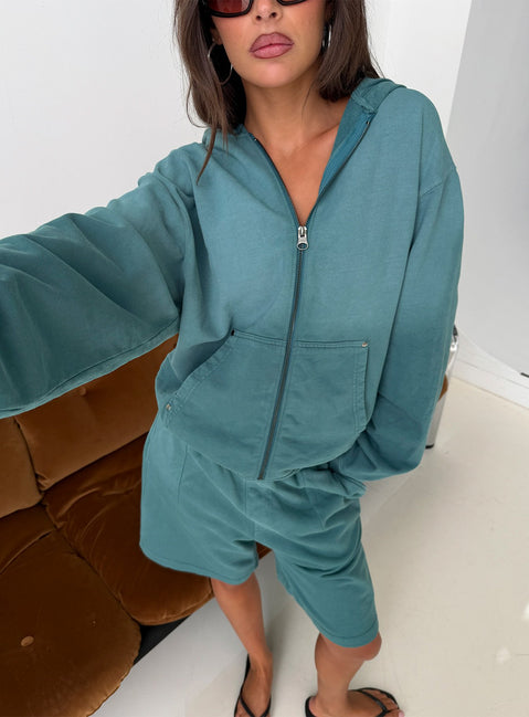 Discover the AT Zip Through Oversized Hoodie in Washed Teal womens-jumpers with short length detail view of model wearing Princess Polly