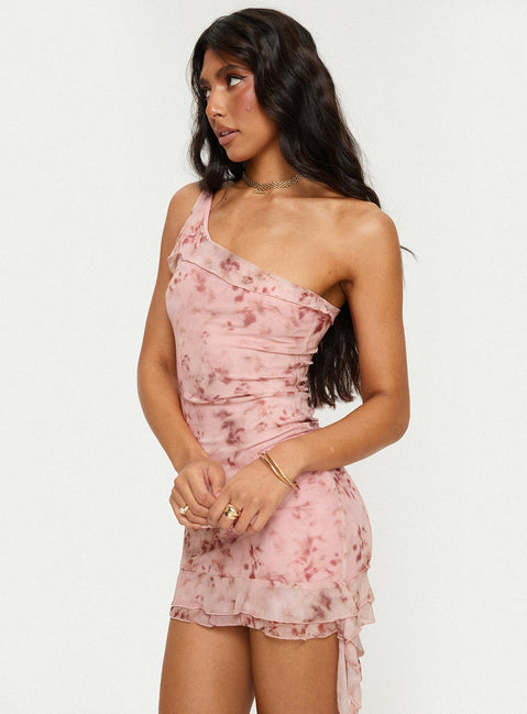 side view of model wearing Princess Polly Bramwell One Shoulder Mini Dress Pink Asymmetric Neckline 