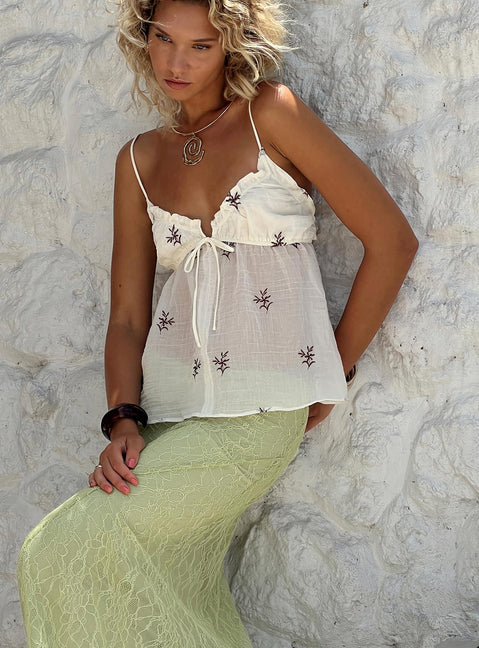 front view of model wearing Princess Polly Cinnamon Embroidered Top Cream Sleeveless Plunger 
