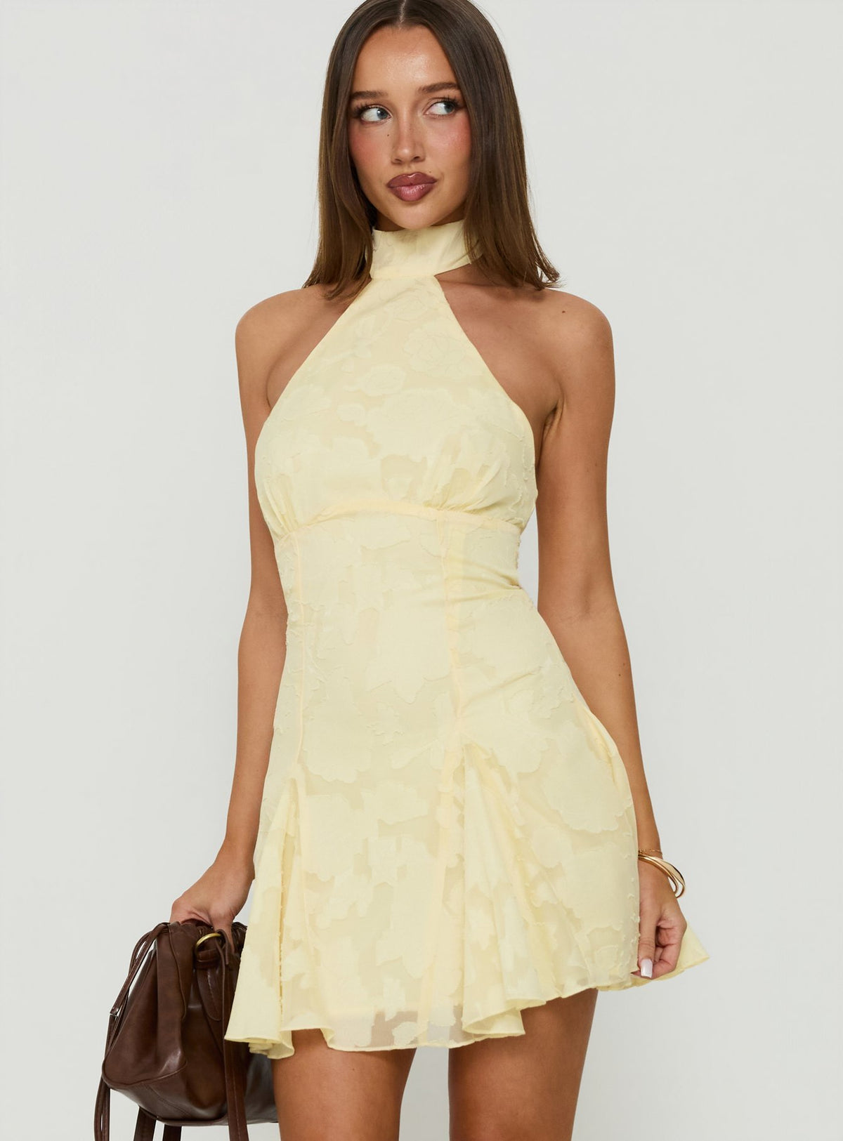 Bellanca Halter Pleat Mini Dress Butter Yellow Burnout