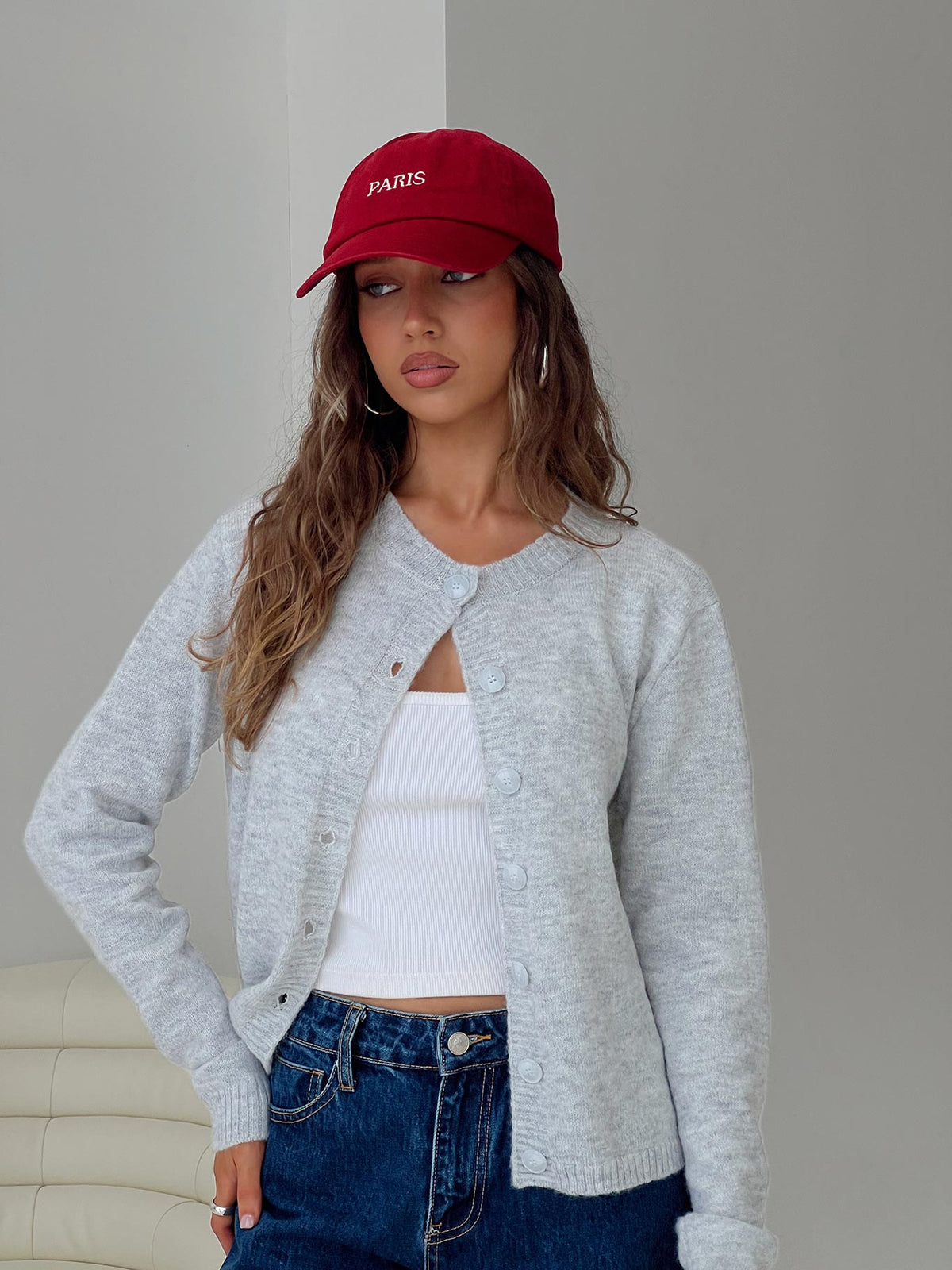 front view of model wearing Princess Polly Denmark Cardigan Grey Longline Jumpers Jumpers 
