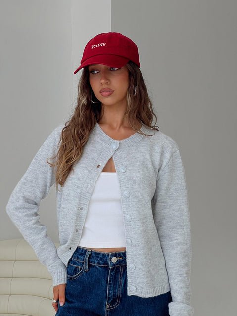 front view of model wearing Princess Polly Denmark Cardigan Grey Longline Jumpers Jumpers 