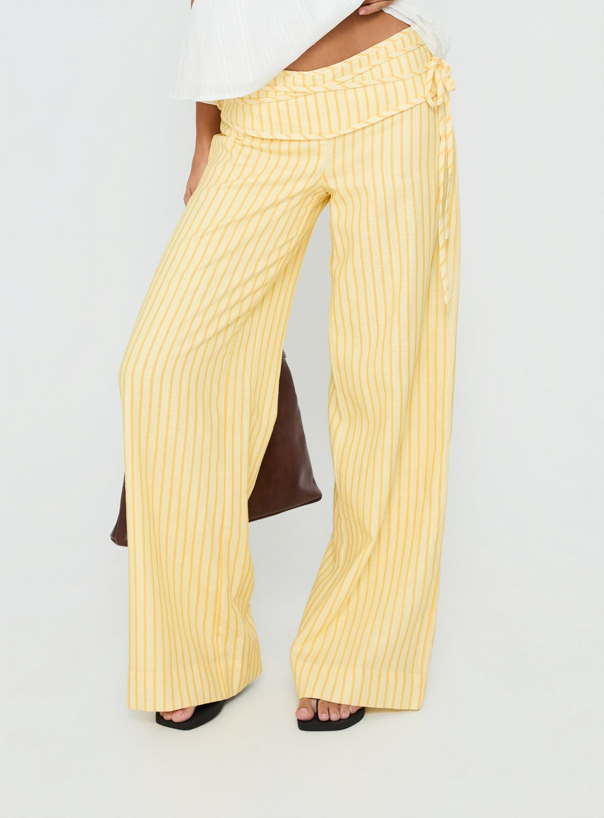 back view of model wearing Princess Polly Silver Moon Pants Yellow Stripe Low Rise Pants Pants 