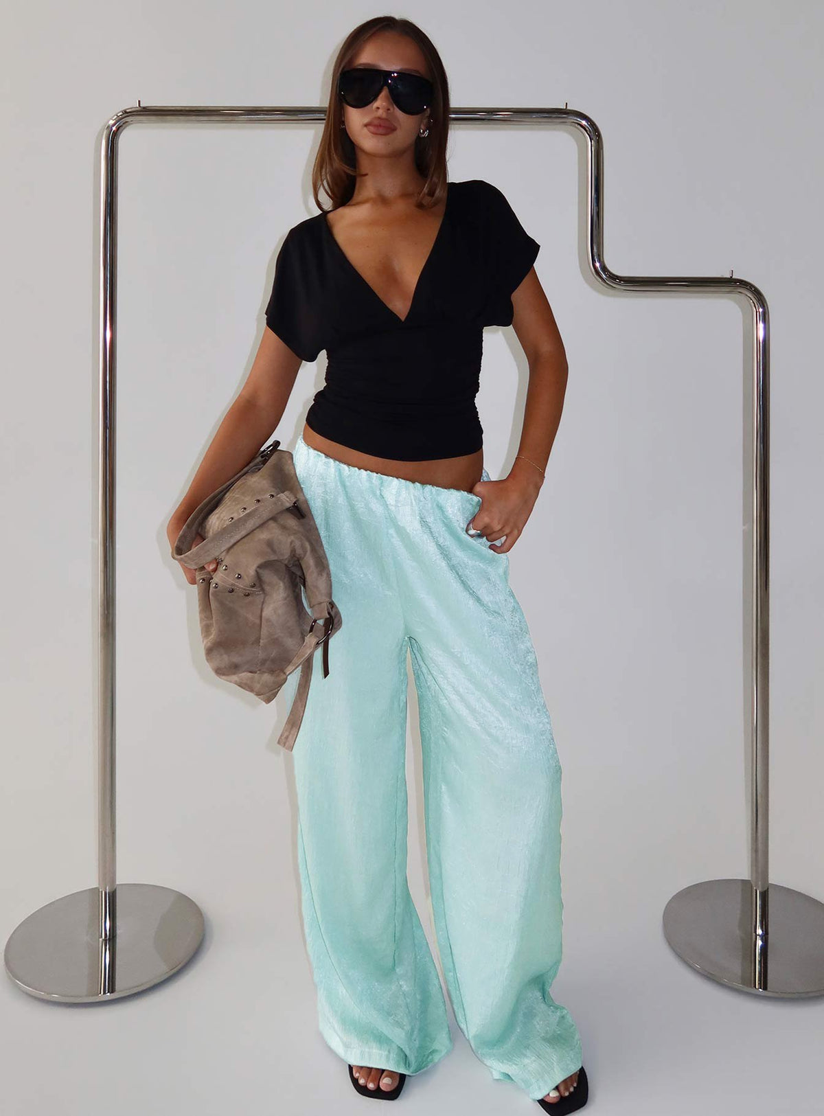 front view of model wearing Princess Polly Salona Satin Straight Leg Pants Jelly Mint Mid Rise Pants Pants 