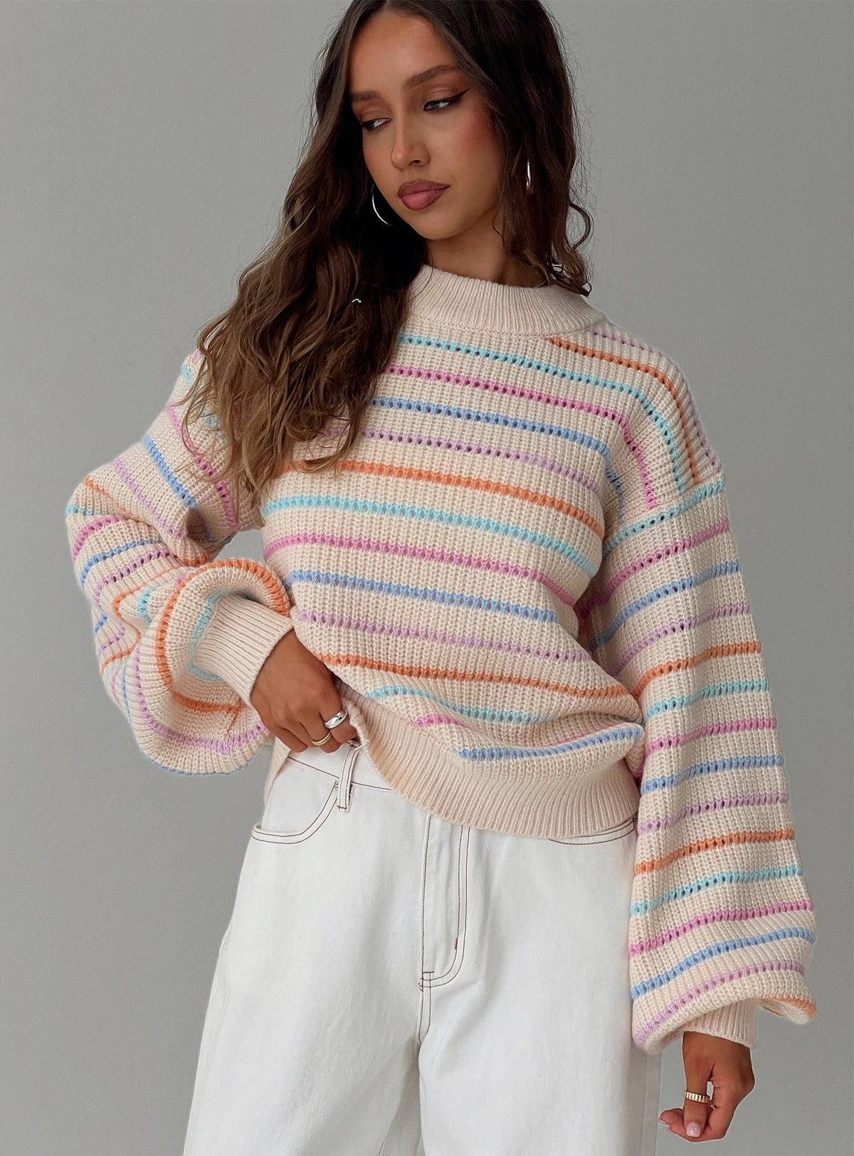 front view of model wearing Princess Polly Harmony Balloon Sleeve Knit Sweater Multi Jumpers 