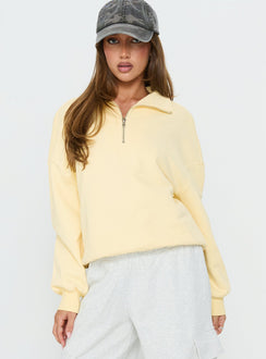front view of model wearing Princess Polly Rozanna 1/4 Zip Jumper Butter Cropped Jumpers Jumpers 
