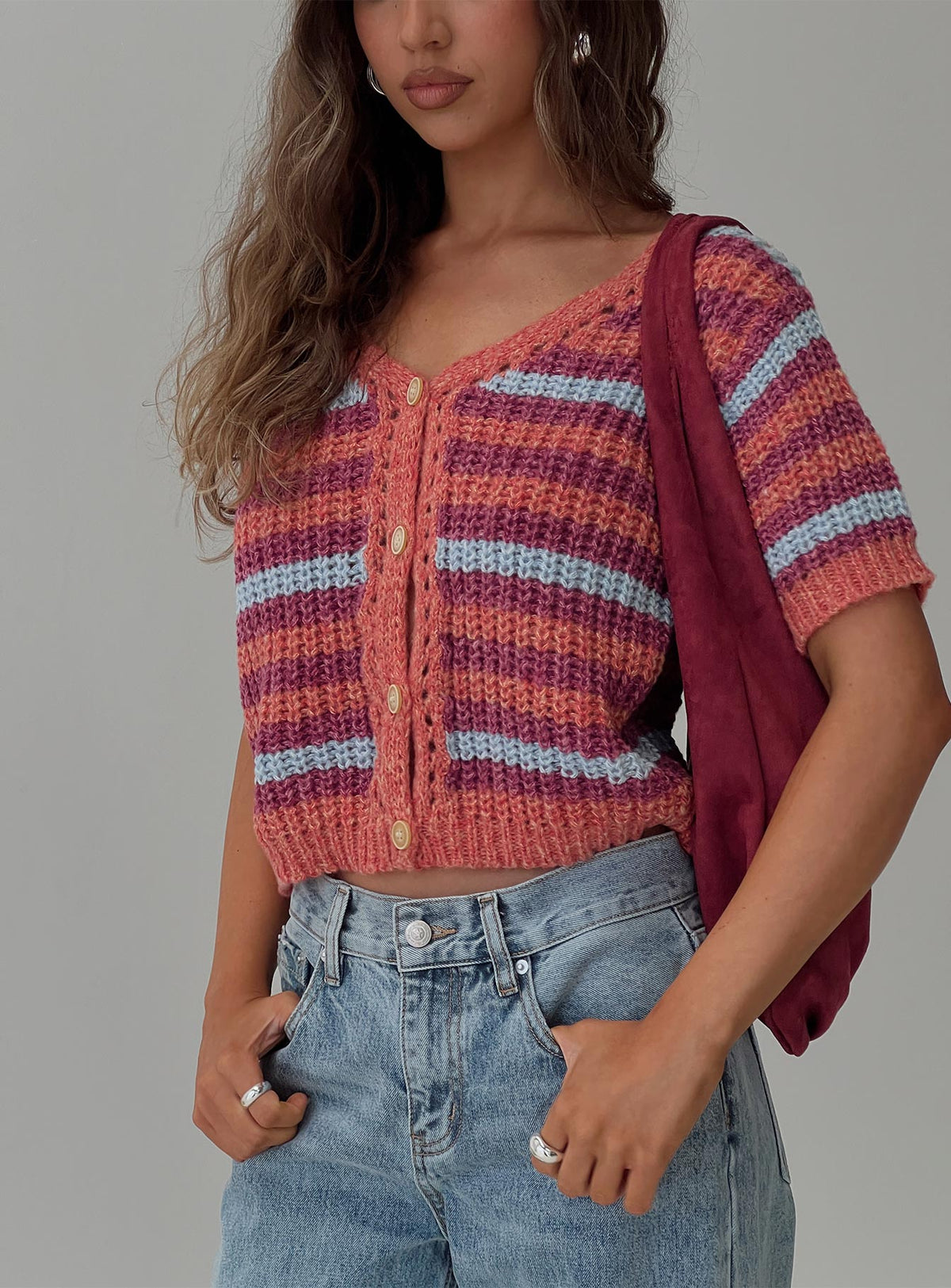 front view of model wearing Princess Polly Compassion Knit Cardigan Multi Cropped Jumpers Jumpers 