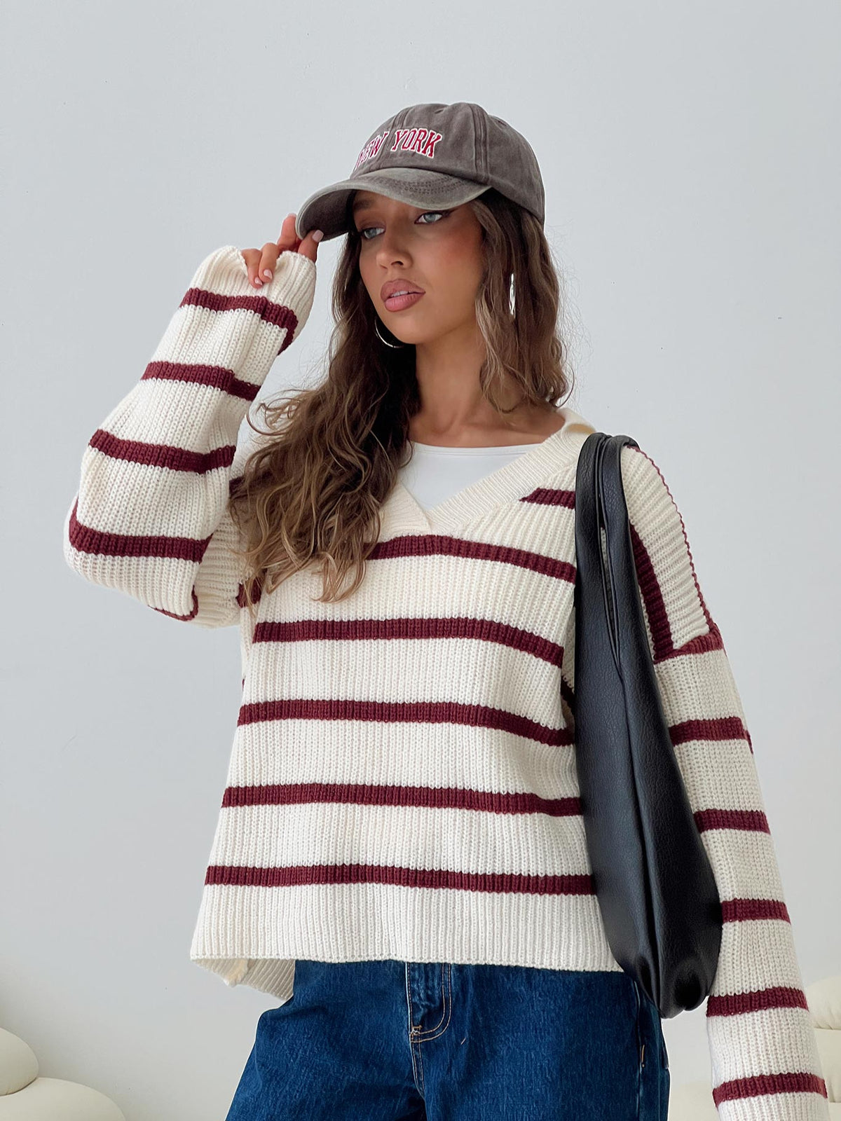 front view of model wearing Princess Polly Forte Knit Sweater Red / Cream Longline Jumpers Jumpers 