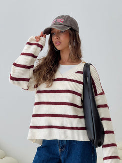 front view of model wearing Princess Polly Forte Knit Sweater Red / Cream Longline Jumpers Jumpers 