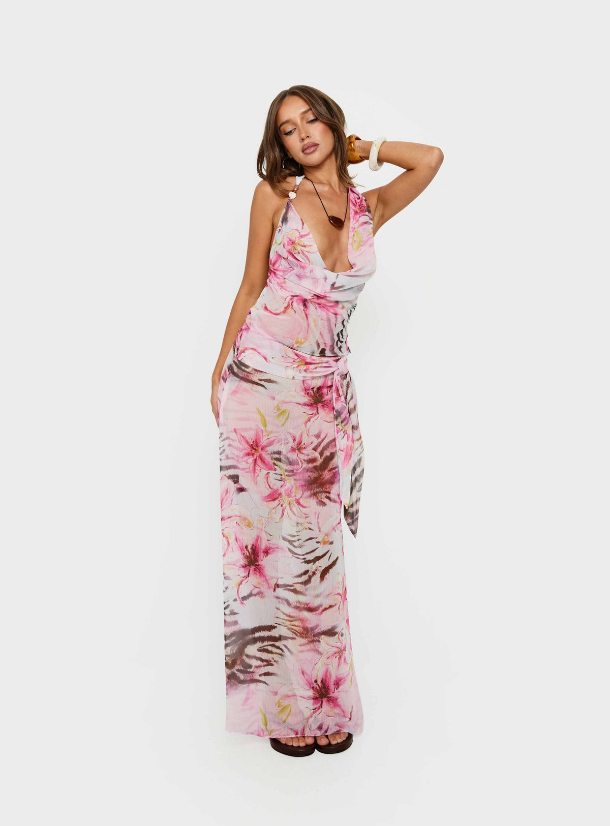   front view of model wearing Princess Polly Karzi Chiffon Maxi Skirt Pink Floral Maxi Skirts Skirts 