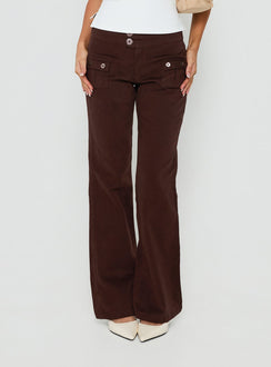 Showcasing Vanla Trouser Brown womens-regular-pants with high-rise waist and wide-leg silhouette front view of model wearing Princess Polly