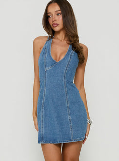 Say Goodnight Denim Halter Mini Dress Bright Blue Wash