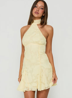 Bellanca Halter Pleat Mini Dress Butter Yellow Burnout