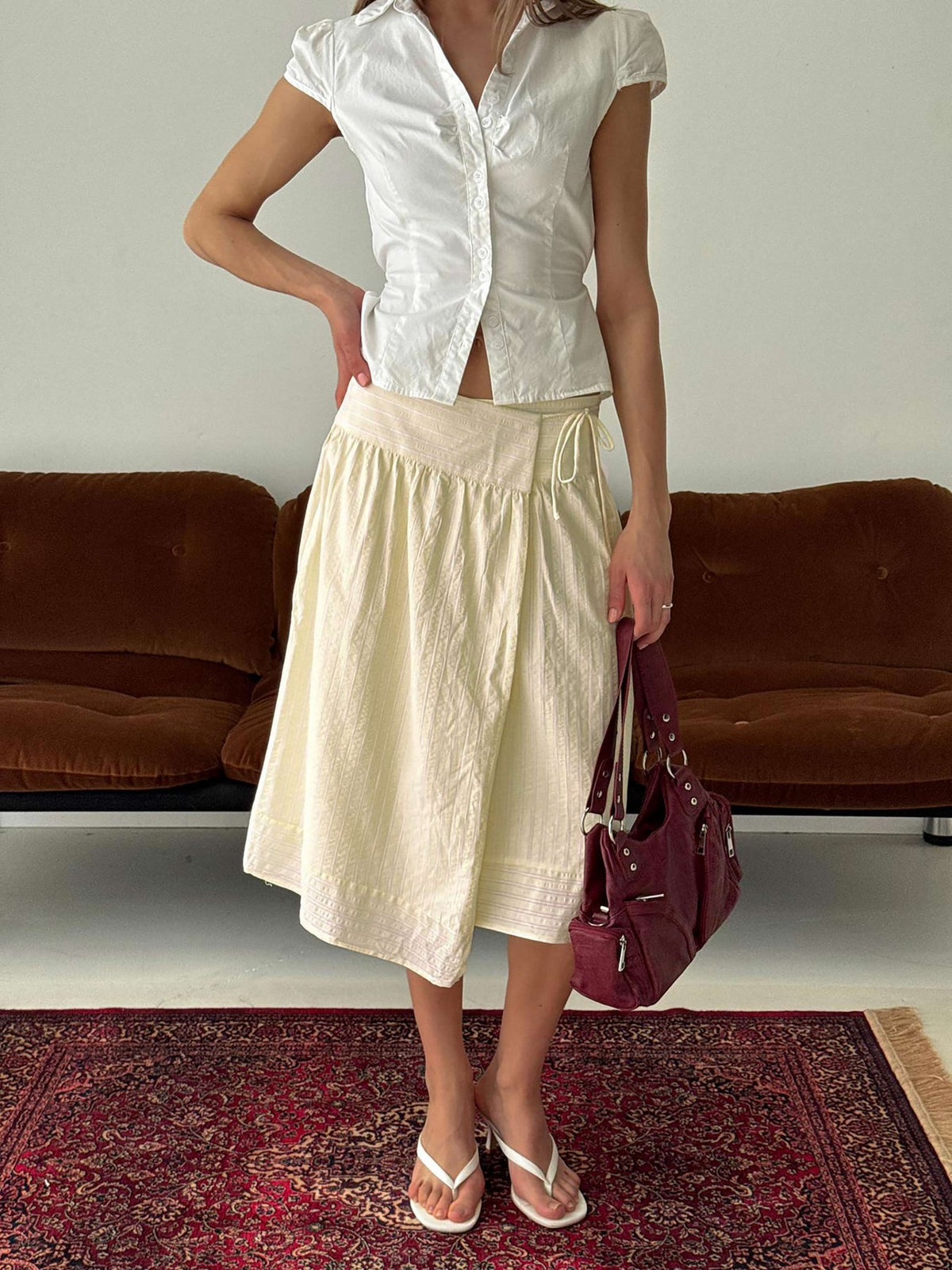   front view of model wearing Princess Polly Sunney Wrap Midi Skirt Yellow Midi Skirts Skirts 