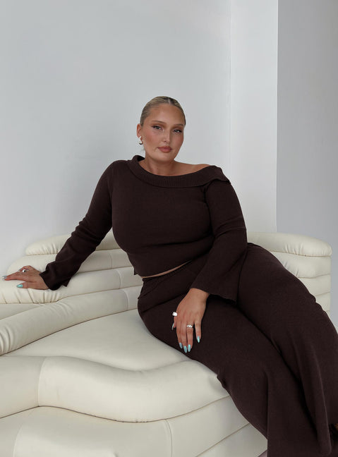 side view of model wearing Princess Polly Sina Off The Shoulder Top Chocolate Curve Cropped Jumpers Jumpers 