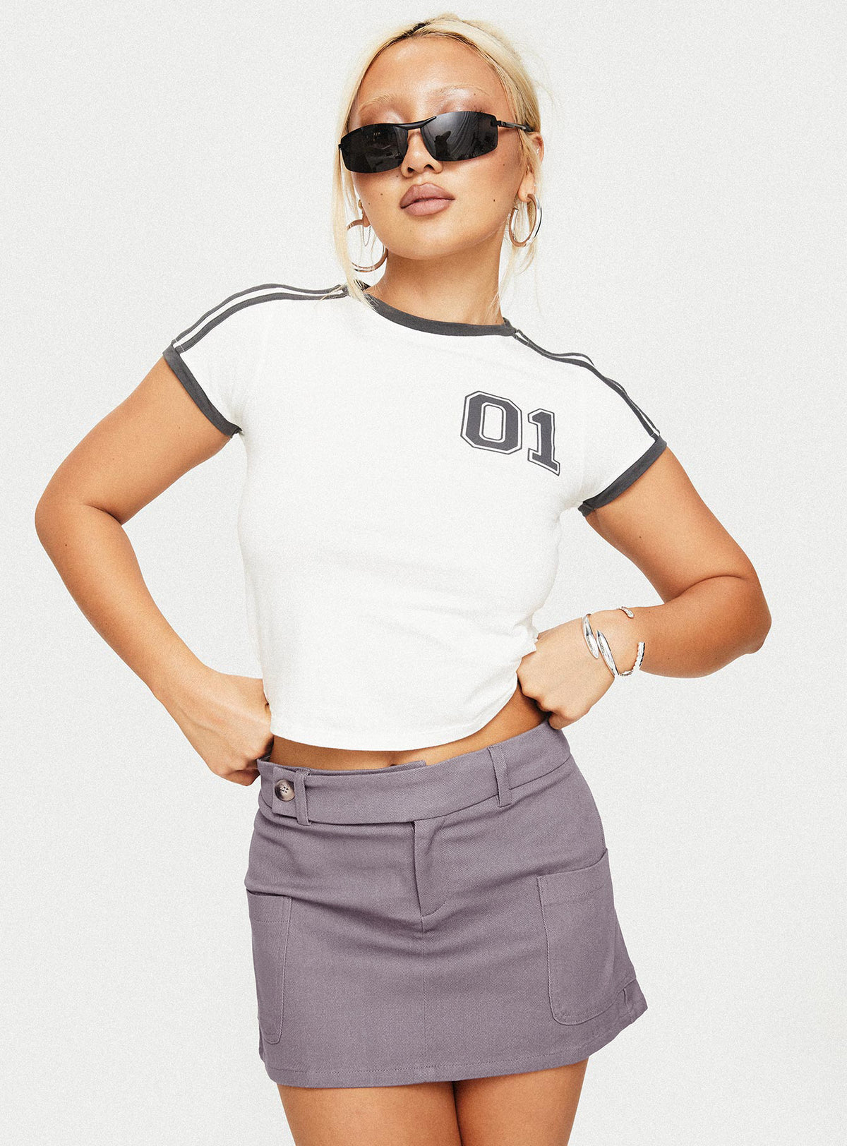   front view of model wearing Princess Polly Brinnley Mini Skirt Grey Mini Skirts Skirts 