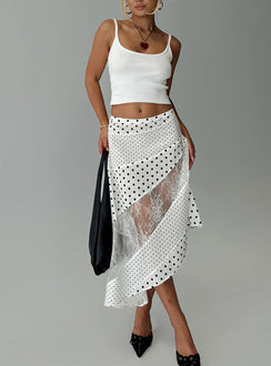   front view of model wearing Princess Polly Rennar Maxi Skirt White / Polka Dot Midi Skirts Skirts 