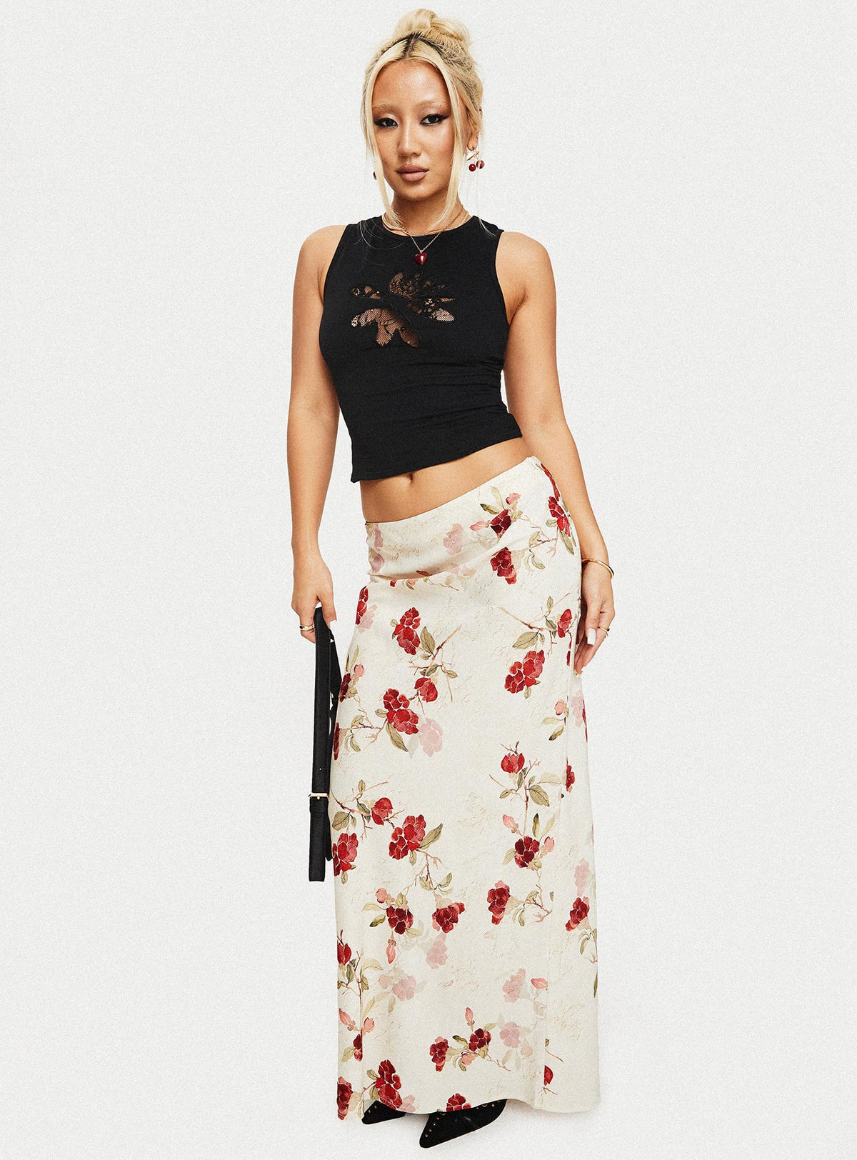   front view of model wearing Princess Polly Jodie Maxi Skirt Cream / Floral Maxi Skirts Skirts 