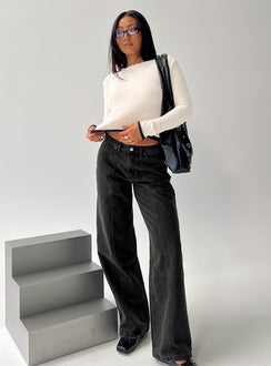 front view of model wearing Princess Polly Lando Low Rise Straight Leg Jeans Washed Black Low Rise Jeans Jeans 