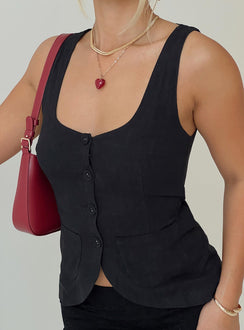 back view of model wearing Princess Polly Spirito Vest Top Black Sleeveless Scoop Neck 