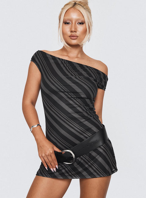 front view of model wearing Princess Polly Hari Mini Dress Stripe Asymmetric Neckline 