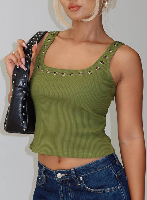 front view of model wearing Princess Polly Nobody Like You Top Khaki Sleeveless Square Neck 