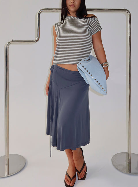   front view of model wearing Princess Polly Joaney Tie Side Jersey Midi Skirt Slate Midi Skirts 