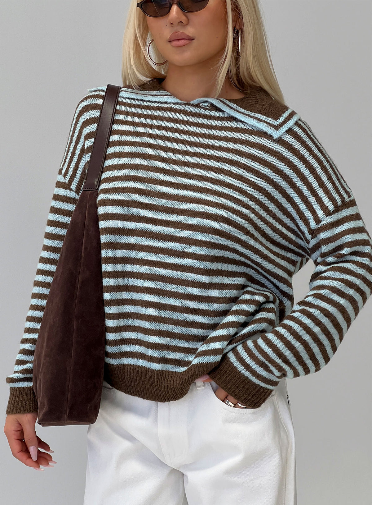 back view of model wearing Princess Polly Moon Went Dark Collared Knit Sweater Stripe Jumpers 