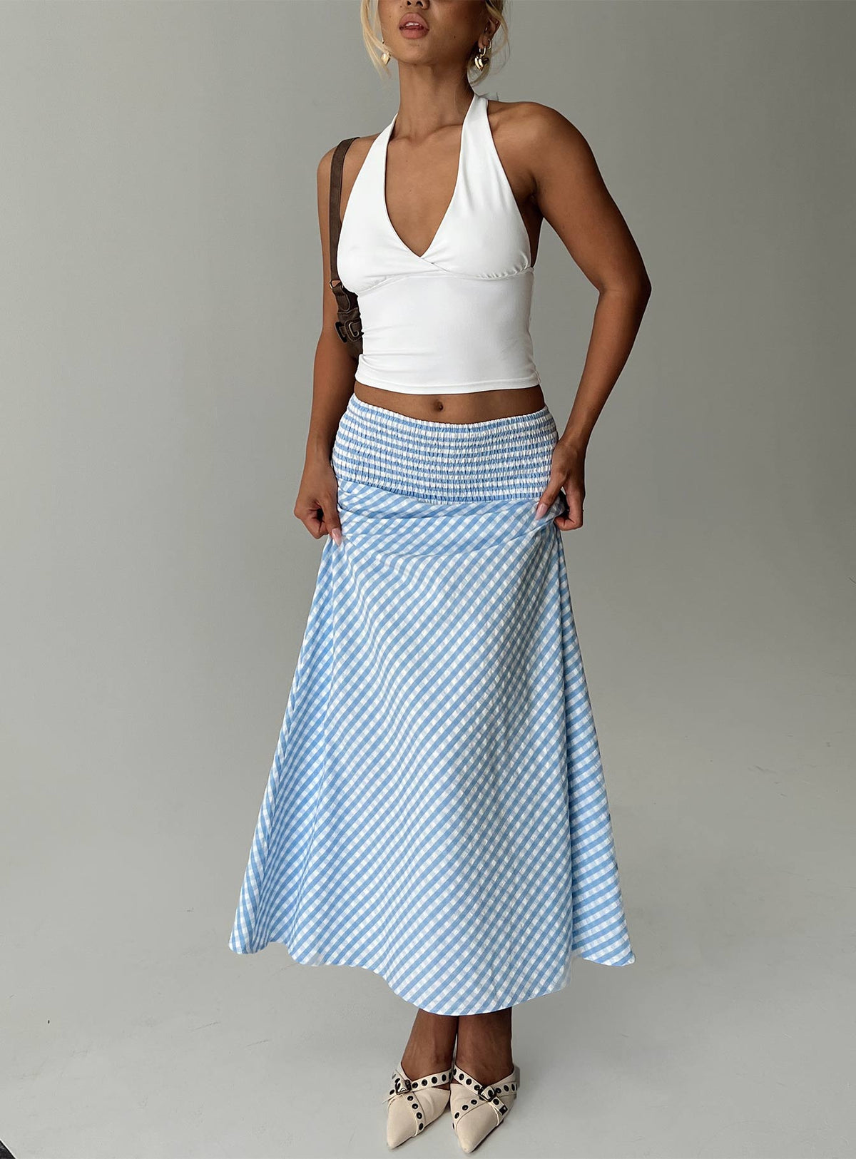   front view of model wearing Princess Polly Every Girl Shirred Maxi Skirt Blue Check Maxi Skirts Skirts 