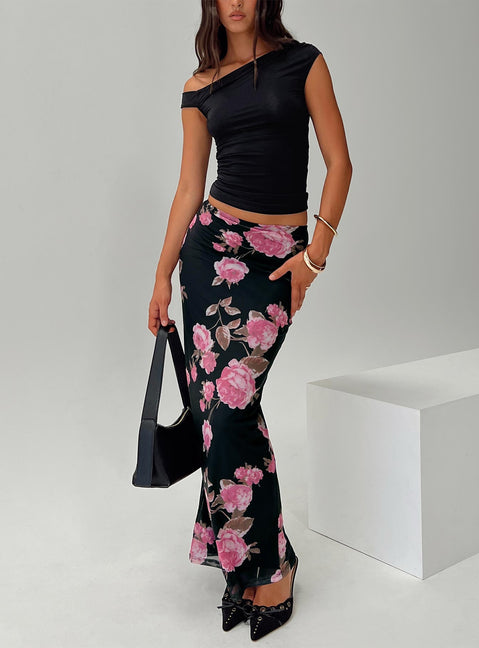   front view of model wearing Princess Polly Modalla Maxi Skirt Black Floral Maxi Skirts Skirts 