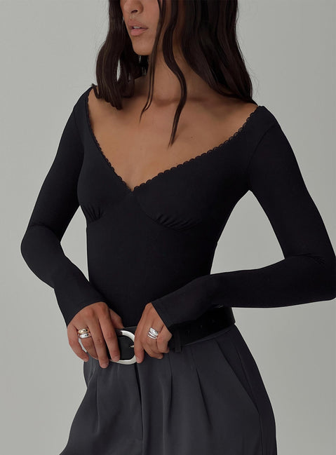 front view of model wearing Princess Polly Loveydove Bodysuit Black Long Sleeve Tops Bodysuit 