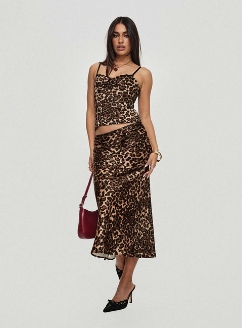   front view of model wearing Princess Polly Enigmatic Maxi Skirt Leopard Maxi Skirts Skirts 