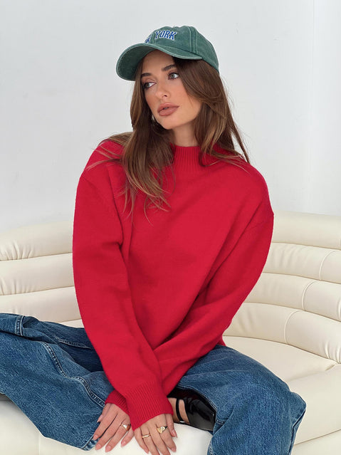 back view of model wearing Princess Polly Oberan Knit Sweater Red Jumpers 