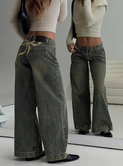 Ribbon Stamp Low Rise Wide Leg Jeans Antique Wash Mid Rise Jeans Jeans 