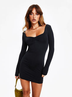 front view of model wearing Princess Polly Rehna Long Sleeve Mini Dress Black Sweetheart Neckline 