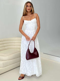 side view of model wearing Princess Polly Kosetta Burnout Maxi Dress White Sweetheart Neckline 