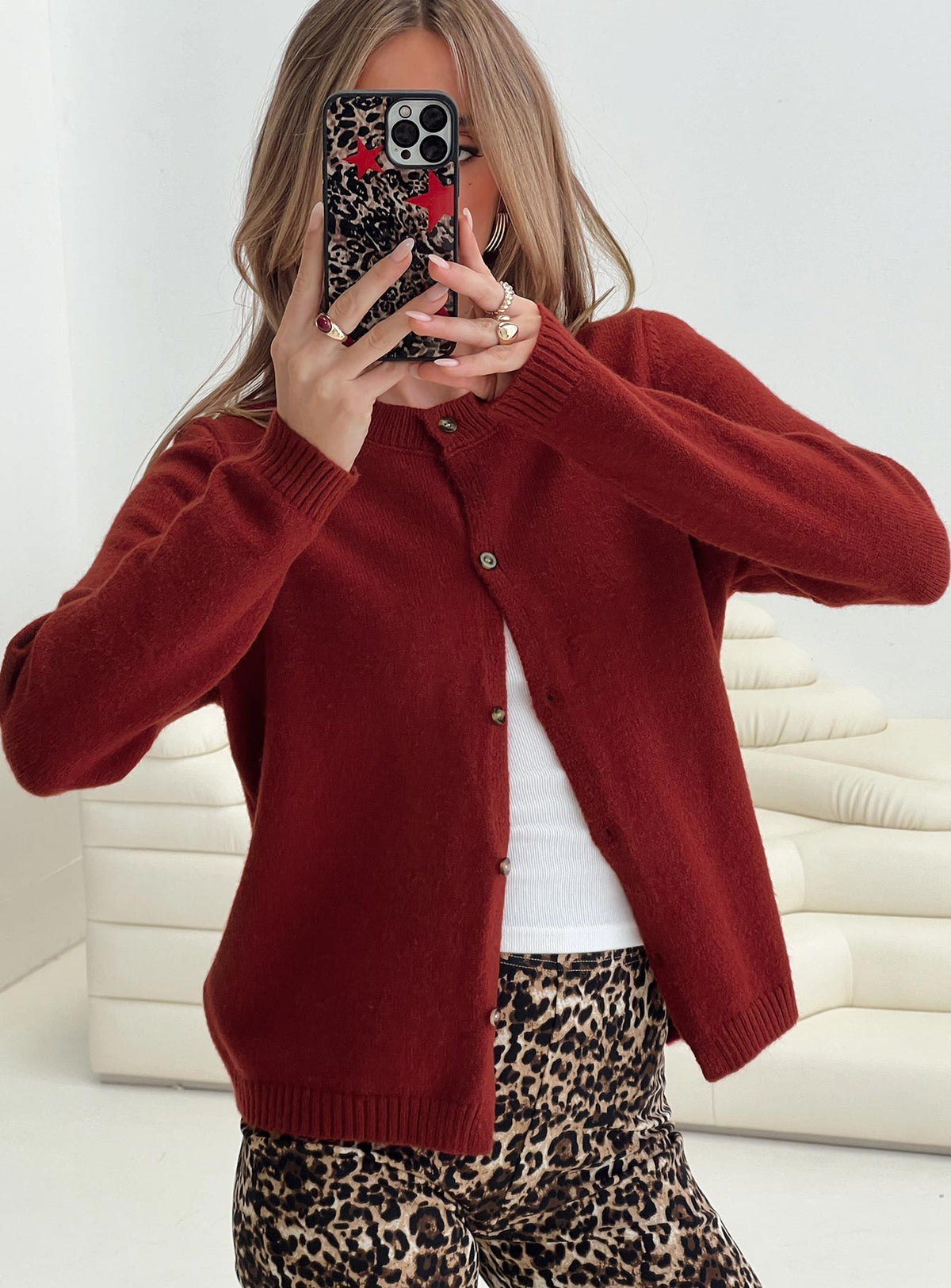 front view of model wearing Princess Polly Arica Button Up Knit Cardigan Red Longline Jumpers Jumpers 