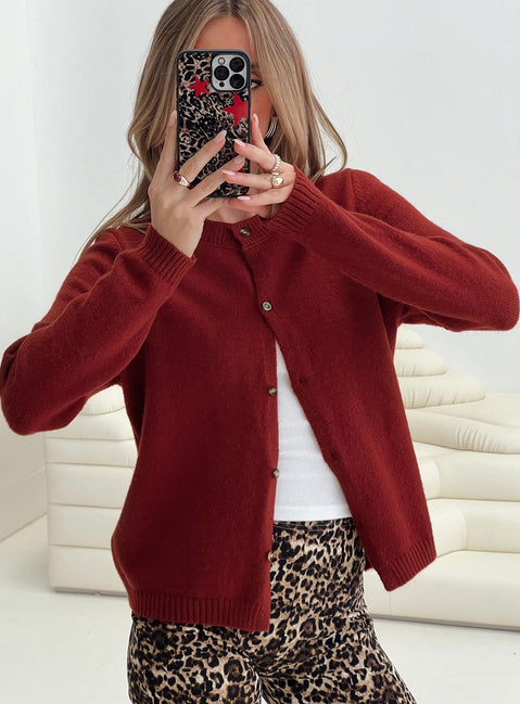 front view of model wearing Princess Polly Arica Button Up Knit Cardigan Red Longline Jumpers Jumpers 