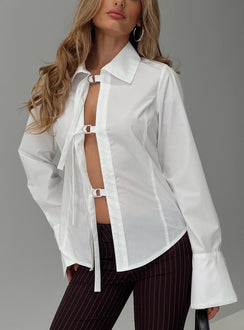 front view of model wearing Princess Polly The Temptation Long Sleeve Top White Full Sleeves High Neck 