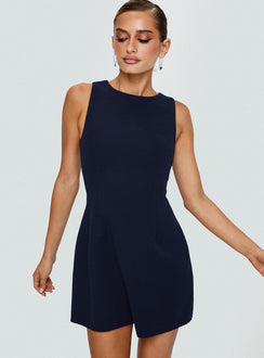 front view of model wearing Princess Polly Anse Mini Dress Navy Crew Neck 