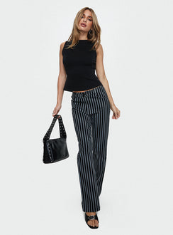 front view of model wearing Princess Polly Allude Low Waist Pinstripe Pant Black Low Rise Pants Pants 