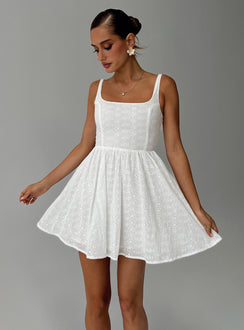 side view of model wearing Princess Polly Cartmel Embroidered Mini Dress White Square Neck 