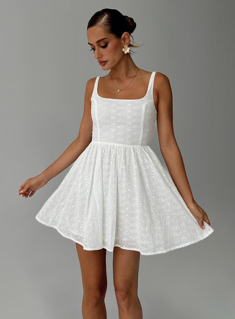 side view of model wearing Princess Polly Cartmel Embroidered Mini Dress White Square Neck 