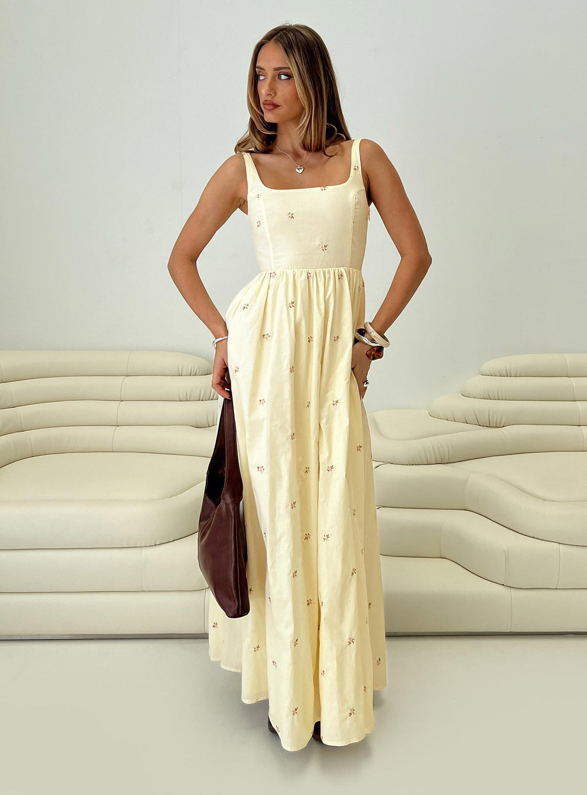 front view of model wearing Princess Polly Cartmel Embroidered Maxi Dress Cream Square Neck 