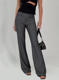 back view of model wearing Princess Polly Kinkirk Flared Pants Grey Pinstripe Tall Low Rise Pants Pants 